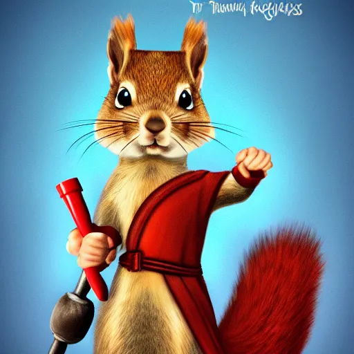 Image similar to the squirrel thor ~ holding his hammer ~ dramatic thunder background ~ fighting scene ~