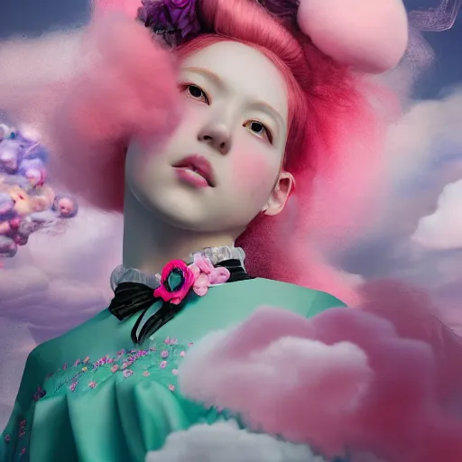 Prompt: 8 k, octane render, realism, tonalism, renaissance, rococo, baroque, portrait of a young - lady wearing long - harajuku manga - dress with flowers and skulls, cotton candy!! ( background chaotic cotton candy flowers )