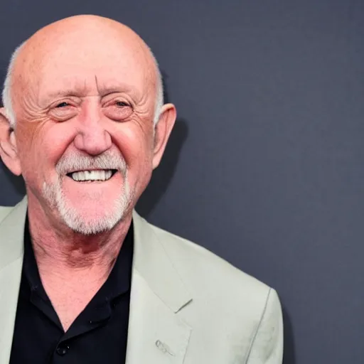 Prompt: mike ehrmantraut grinning in front of a camera