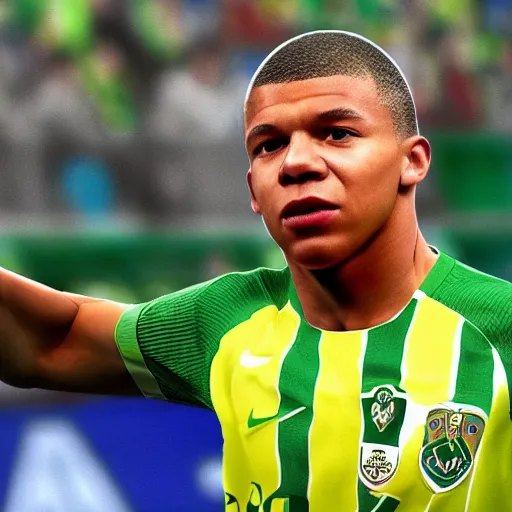 Image similar to kylian mbappe dressed with the betis football team shirt in the benito villamarin, 4 k extremely photorealistic, high contrast colors, hyper detailed!!