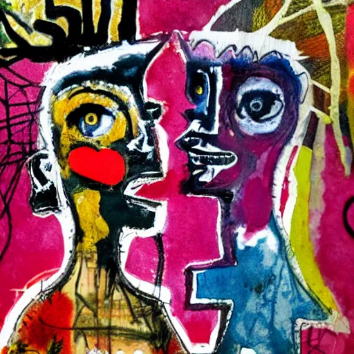 Image similar to watercolor painting of two bizarre psychedelic goth women kissing each other closeup in a cafe in spain, speculative evolution, mixed media collage by basquiat and jackson pollock, maximalist magazine collage art, sapphic art, lesbian art, chemically damaged