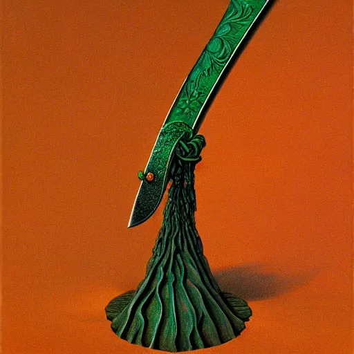 Image similar to a sword in the style of zdzisław beksinski, elegant, flower petals, copper and emerald