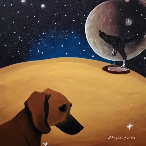 Image similar to painting of a dog sipping coffee on the moon gazing at tha milkyway galaxy