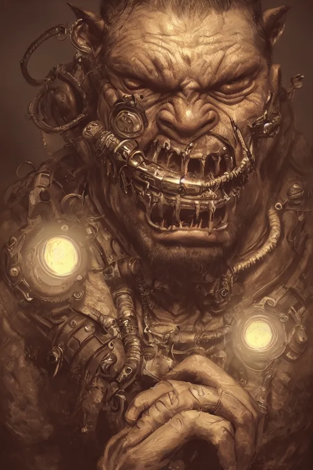 Prompt: Portrait of a scary steampunk orc bouncer,, character design, fantasy, intricate, cinematic lighting, highly detailed, digital painting, artstation, concept art, smooth, sharp focus, illustration, art by WLOP and Ross Tran