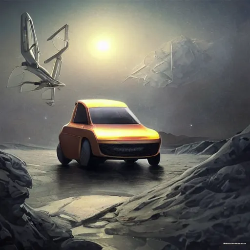 Image similar to futuristic lada flying car on the street of a Russian sleeping quarters on the moon, Norilsk, sci-fi, fantasy, intricate, very very beautiful, elegant, highly detailed, digital painting, artstation, concept art, smooth, sharp focus, illustration, art by artgerm and greg rutkowski and alphonse mucha