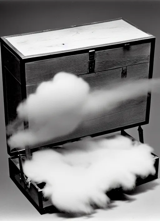 Image similar to realistic photo of white hairy cloud in a wooden box briefcase, front view, grain 1 9 9 0, life magazine reportage photo, metropolitan museum photo