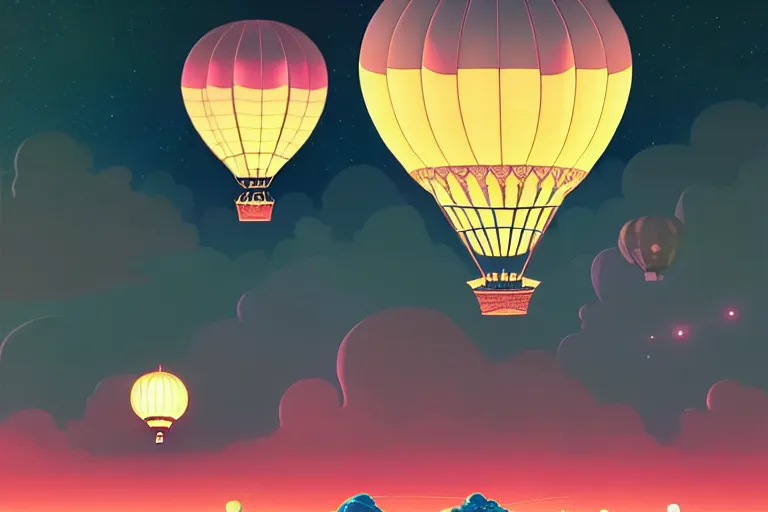 Prompt: an ornate luminescent hot air balloon in the sky at night by paolo eleuteri serpieri and tomer hanuka and chesley bonestell and daniel merriam and tomokazu matsuyama, high angle, unreal engine, high resolution render, featured on artstation, octane, 8 k, highly intricate details, vivid colors, vector illustration