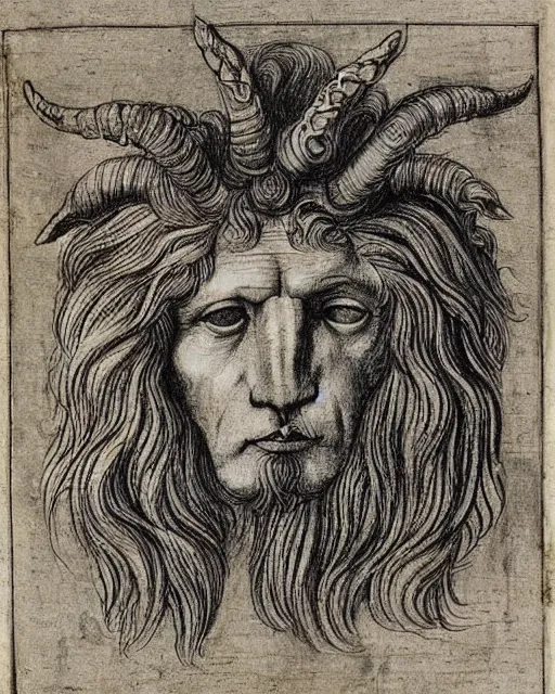 Image similar to four faces in one creature, human face, eagle beak, lion mane, two large horns on the head, drawn by da vinci. symmetrical