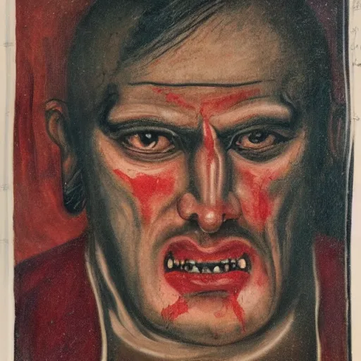 Image similar to portrait of alexander abdulov, with a red eyes, satanic body, head of old man, in blood of sinners, hellish style