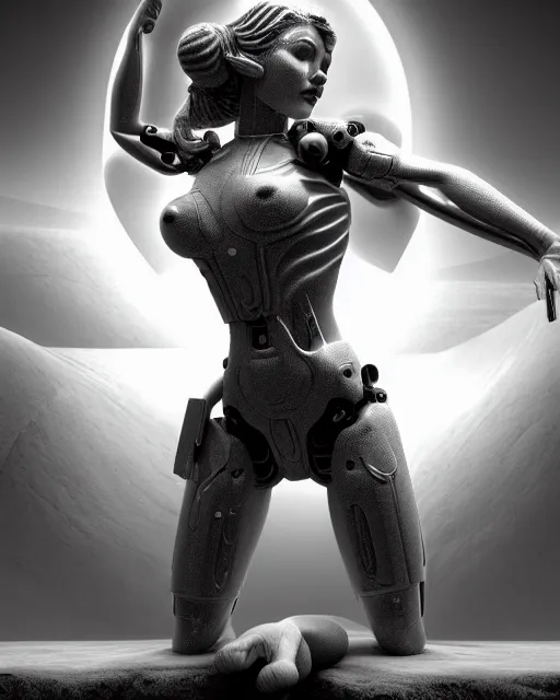 Image similar to dreamy, monochrome, subsurface scattering, white, cyborg goddess in cosmos, black and white, octane render, virgil finlay, highly detailed, rim light, art, cinematic lighting, very coherent, hyper realism, 8 k