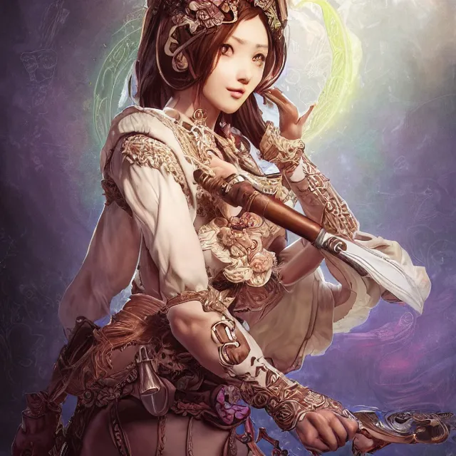 Image similar to studio portrait of neutral good colorful female cleric bard healer as absurdly beautiful, elegant, young skinny gravure idol, ultrafine hyperdetailed face illustration by kim jung gi, irakli nadar, intricate linework, sharp focus, bright colors, octopath traveler, final fantasy, unreal engine highly rendered, global illumination, radiant light, detailed and intricate environment