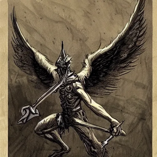 Image similar to goblin with angel wings, wings have knives instead of feathers, sword in hard, realistic, cinematic, night time,