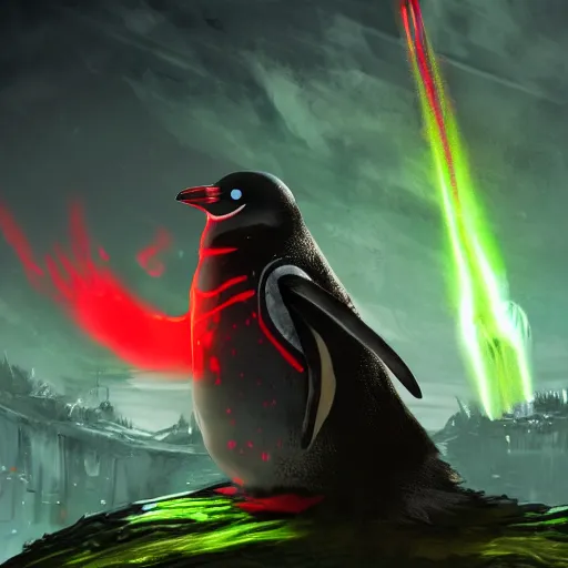 Image similar to penguin with red glowing eyes in front of a green glowing tower in the background, guild wars 2 art style