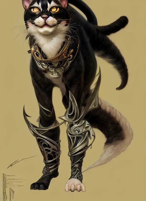 Image similar to tomcat with tuxedo markings, fantasy, intricate, elegant, hyper detailed, ultra definition, photoreal, artstation, unreal engine rendered, concept art, smooth, sharp focus, illustration, art by artgerm and greg rutkowski and alphonse mucha and garis edelweiss