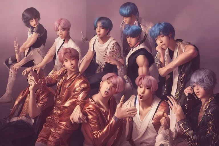 Image similar to an ultra detailed matte portrait of the bts singers in a baroque style, 8 k, volumetric lighting, smooth, highly detailed, digital illustration, art by greg rutkowski and akira toriyama and artgerm