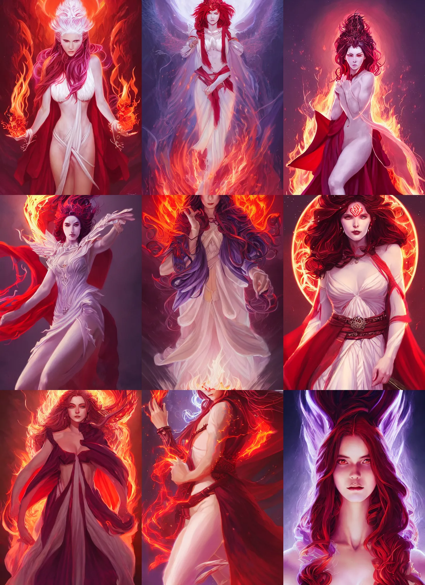 Prompt: full body portrait of the goddess of fire and thunder, robes, red and white, beautiful, violet hair, glowing eyes, stunning, high fantasy, highly detailed, smooth, sharp focus, digital illustration, by rossdraws, frank fanzzeta, sakimichan