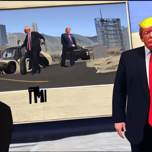 Prompt: boris johnson and trump in heist gear GTA V loading screen