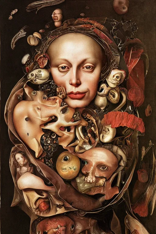 Prompt: Detailed maximalist portrait with large lips and with large wide eyes, surprised expression, surreal extra flesh and bones, HD mixed media, 3D collage, highly detailed and intricate, illustration in the golden ratio, in the style of Caravaggio and Hieronymus Bosch, dark art, baroque