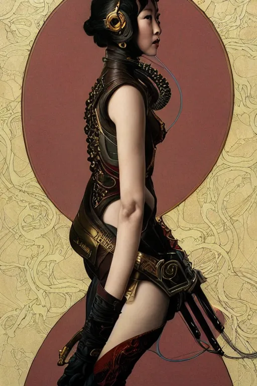 Image similar to full length portrait of zhang ziyi in armour, by eve ventrue, michael carson, andreas rochas, john watkiss, casey weldon, artgerm. art nouveau. tarot card by mucha. gloomhaven. swirly intricate linework background. gaudy colors, sharp edges. octane render