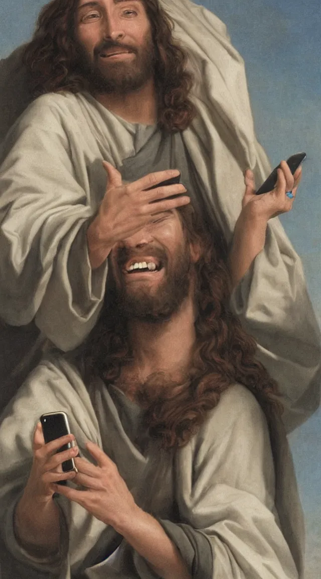 Image similar to portrait of one Jesus laughin because see a meme in him cellphone, no letters, one person