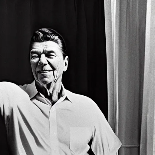 Prompt: wide angle 4 k portrait of ronald reagan showering