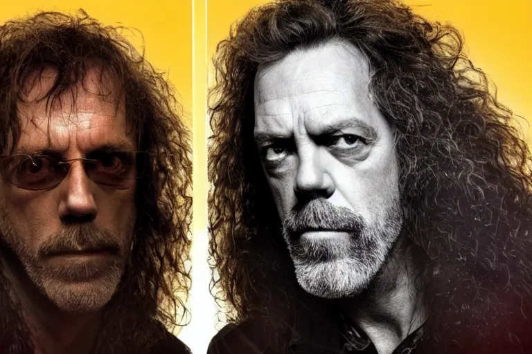 Image similar to promotional image of hugh laurie as an 80's heavy metal singer in a new movie, long curly hair, detailed face, movie still frame, promotional image, imax 70 mm footage