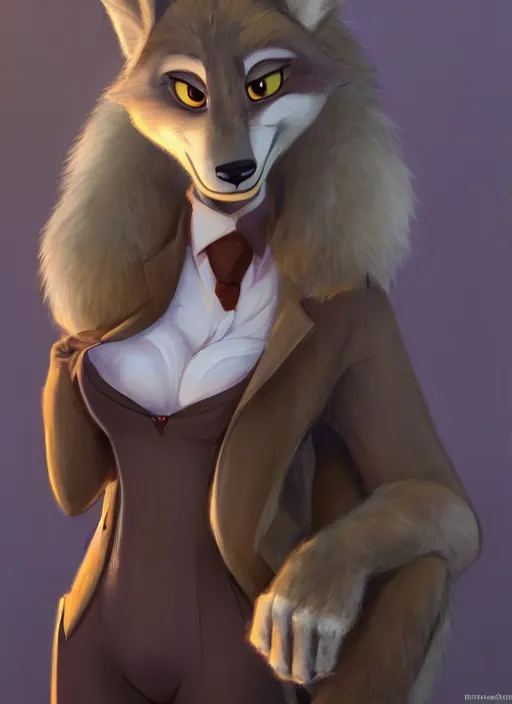 Image similar to oil painting detailed full body of anthromorphic female wolf, in style of zootopia, zootopia, zootopia, fursona, furry, furaffinity, 4 k, deviantart, furry art, fursona art, wearing business suit, in style of zootopia, wolf fursona, cyberpunk, female, expressive, detailed feminine face,