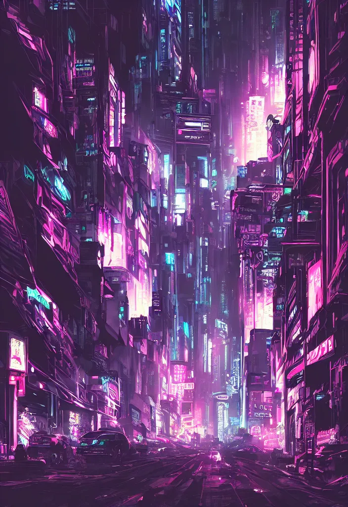 Prompt: concept art of a magnificent dark neon futuristic cyberpunk city bustling street at night cyberart in the style of liam wong