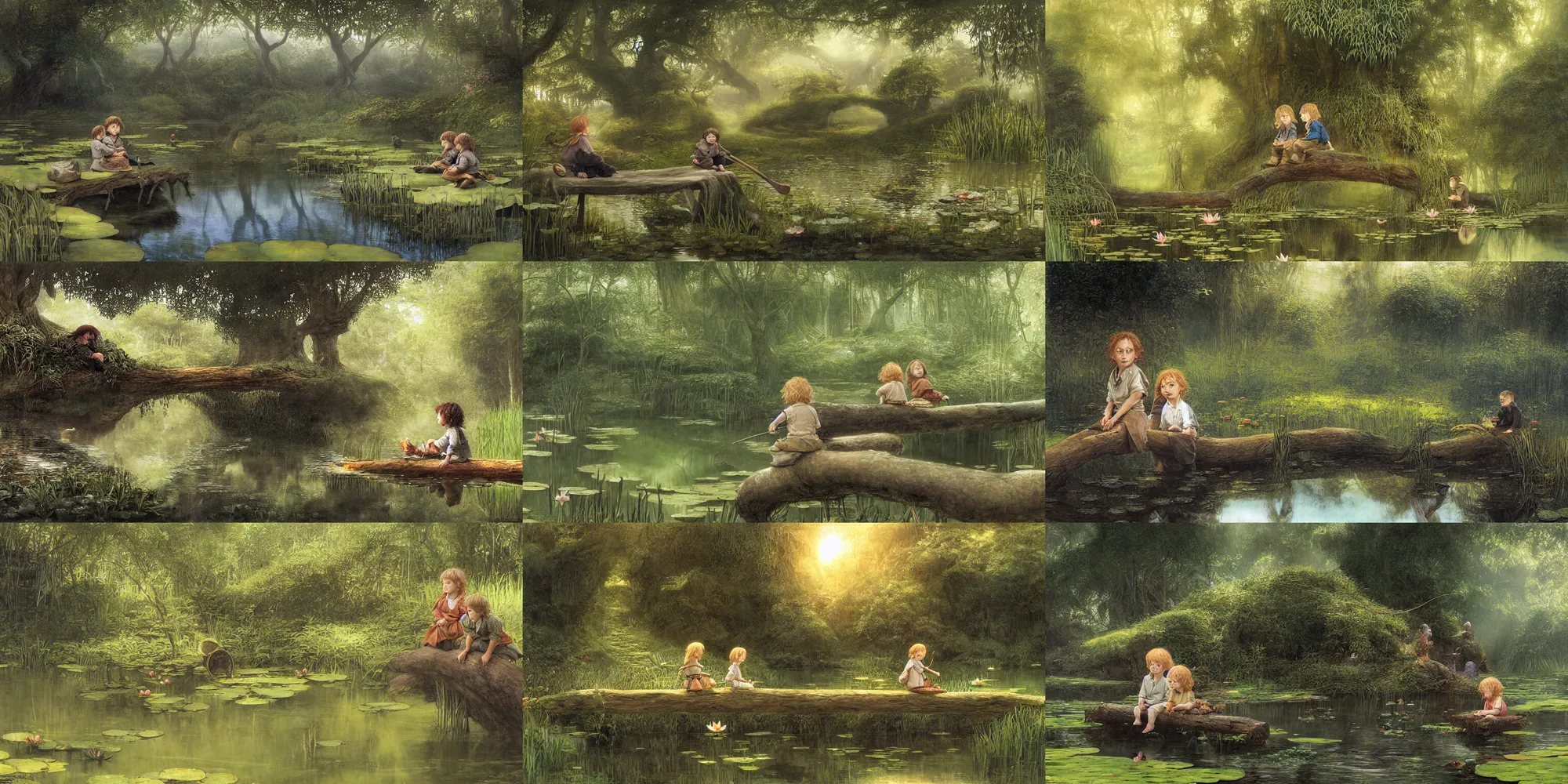 Prompt: two hobbit children sit on a log while fishing in a mirror - like pond covered with lotus flowers, by alan lee, dark forest background, sunlight filtering through the trees, digital art, art station.