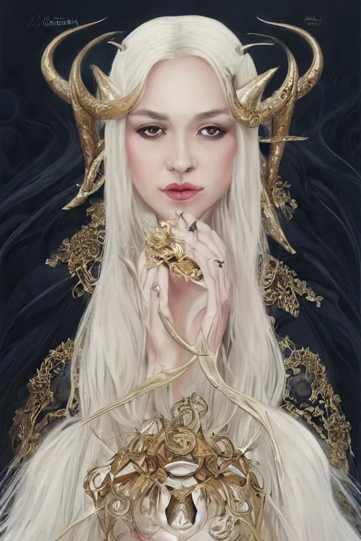 Image similar to fullbody!! of a beautiful woman with white hair, big natural horns on her head, long flowing intricate black lace dress, gold jewellery, dnd, face, fantasy, intricate, elegant, highly detailed, digital painting, artstation, concept art, smooth, sharp focus, illustration, art by artgerm and greg rutkowski and alphonse mucha