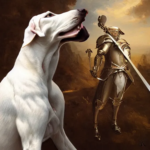 Prompt: A masterpiece portrait of a white greyhound holding a sword. Greyhound is wearing a knights helmet. Very detailed. intricate, elegant, highly detailed. trending on artstation, digital art, by Stanley Artgerm Lau, WLOP, Rossdraws, James Jean, Andrei Riabovitchev, Marc Simonetti, Yoshitaka Amano