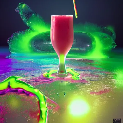 Prompt: cherry limeade smoothie drip, intricate complexity, surreal horror, inverted neon rainbow drip paint, trending on art station, photoreal, 8 k, octane render by greg rutkowski, rafał olbinsk and salvador dali