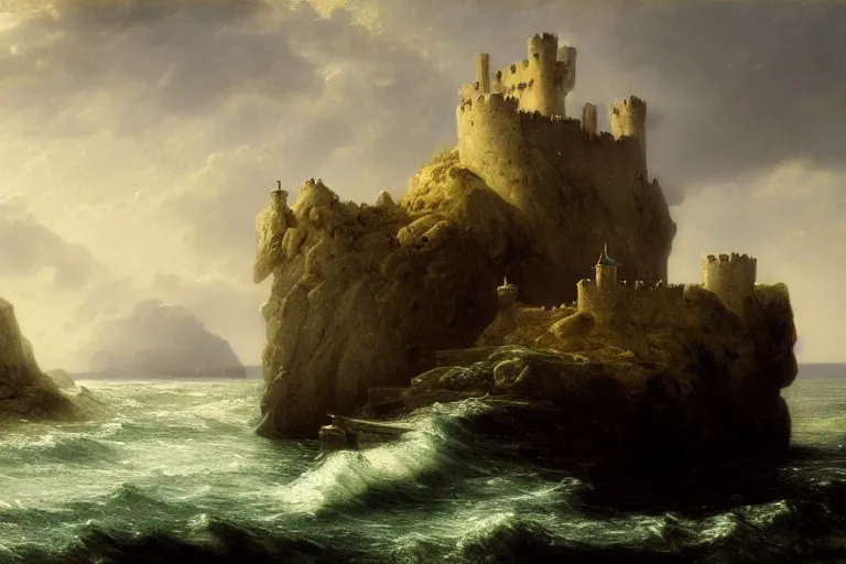 Prompt: an old castle on a seaside cliff at the edge of the world by andreas achenbach and peder balke and martin johnson heade sharp digital painting. dreaming latent space. matte painting, concept art. artstation. digital render. hdr, high dynamic range, global illumination, realistic, 8 k