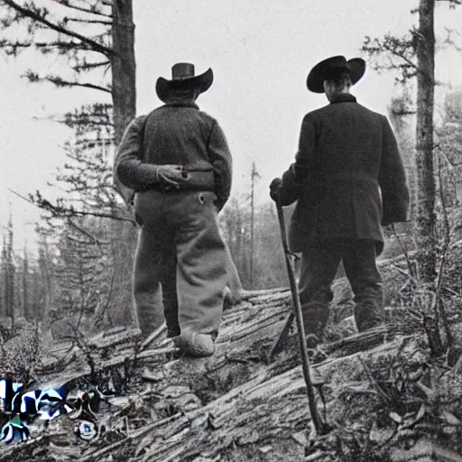 Prompt: photograph from 1900s of three old western men searching to animal tracks through deep woods, eerie, evil looking