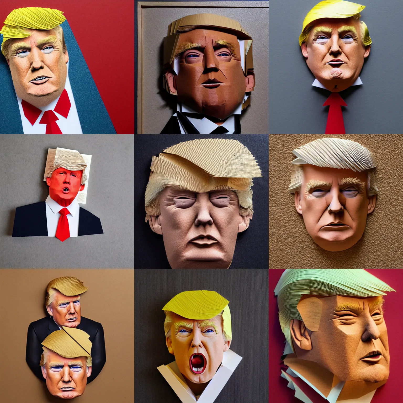 Prompt: donald trump made out of cardboards, paper cut out, photorealistic, photo, product, 4 k, gallery