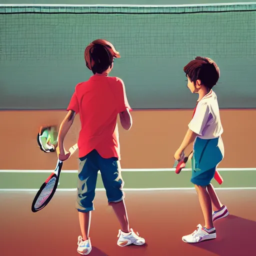 Image similar to two kids playing tennis median photoshop filter cutout vector behance hd by jesper ejsing, by rhads, makoto shinkai and lois van baarle, ilya kuvshinov, rossdraws, illustration, art by ilya kuvshinov and gustav klimt