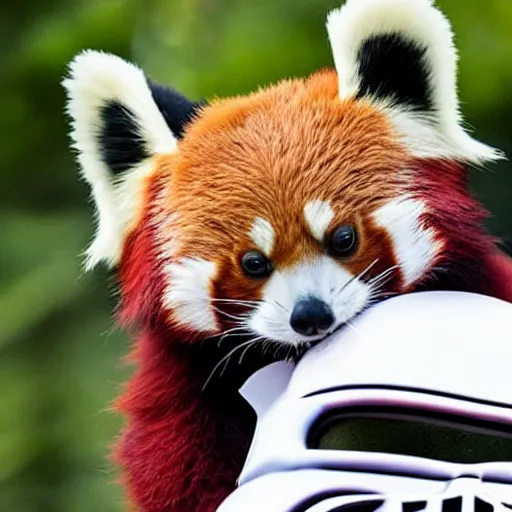 Image similar to a red panda wearing a Darth Vader helmet eating french fries