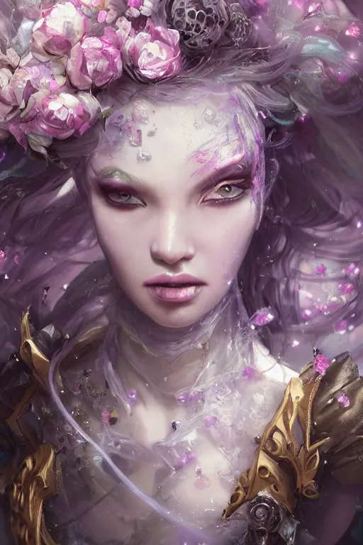 Prompt: fairy face closeup of beautiful girl necromancer, witch - doctor covered with crystals exploding into ice, 3 d render, hyper realistic detailed portrait, holding magic flowers, ruan jia, wlop. scifi, fantasy, hyper detailed, octane render, concept art, peter mohrbacher