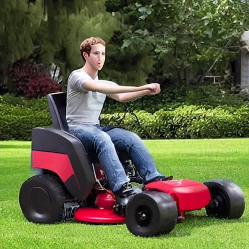 Prompt: a robot lawn mower looking like mark zuckerberg