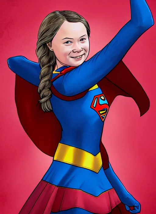 Prompt: greta thunberg as supergirl, detailed digital art, trending on Artstation