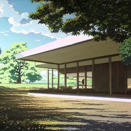 Prompt: farnsworth house in an anime film, directed by makoto shinkai, artbook