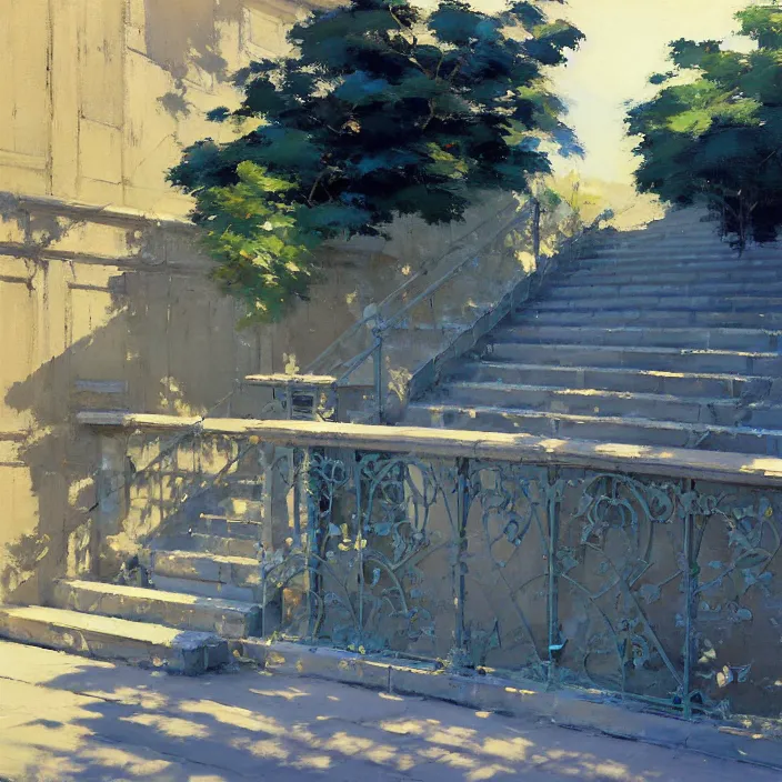 Prompt: painting of a stone railing urban japanese city in the background, calm, sunny day, artwork by jeremy lipkin and giuseppe dangelico pino and michael garmash and rob rey and greg manchess and huang guangjian and makoto shinkai, sharp edges, simple form, 1 0 0 mm