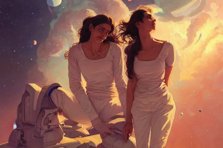 Image similar to Pensive good looking pale young Indian doctors wearing jeans in a space station above Earth, portrait, elegant, intricate, digital painting, artstation, concept art, smooth, sharp focus, illustration, art by artgerm and greg rutkowski and alphonse mucha