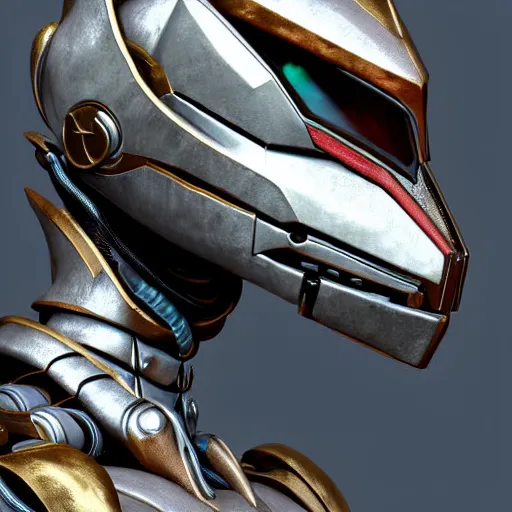 Image similar to close up bust of a cute stunning robot anthropomorphic female dragon, with sleek silver armor, wearing headphones made of wood, detailed digital art, furry art, warframe art, destiny art, high quality, 3D realistic, Furaffinity, Deviantart