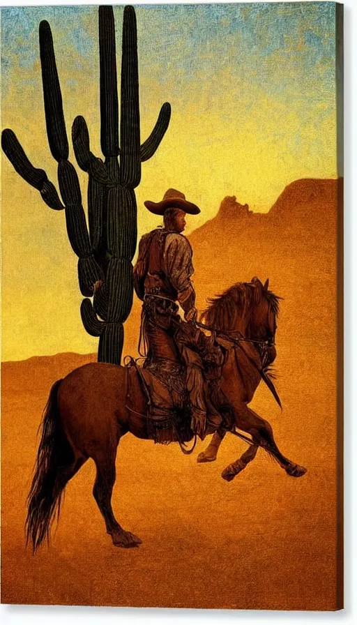 Image similar to painting of cowboy riding horse in the desert sunset, by Leonardo DaVinci, saguaro cacti, golden hour, dramatic lighting, intricate detail, canvas print