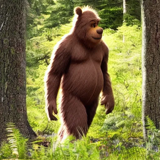 Prompt: photo of sasquatch bigfoot that looks like Winnie the Pooh