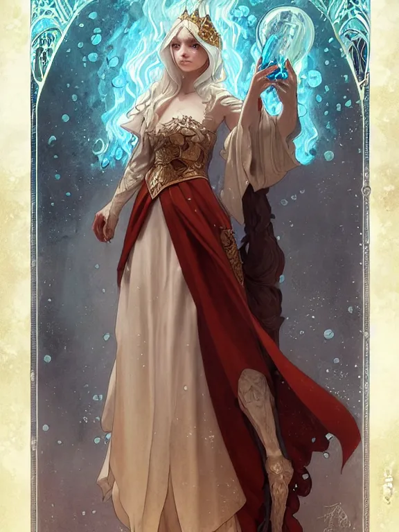 Image similar to summoner dressed in medieval gown with a cute water elemental, fantasy, intricate, elegant, highly detailed, digital painting, artstation, concept art, wallpaper, smooth, sharp focus, illustration, art by artgerm and greg rutkowski and alphonse mucha