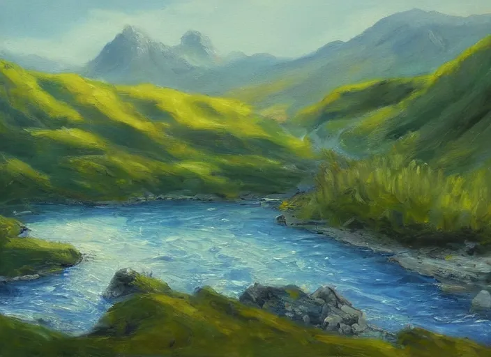 Prompt: beleriand, landscape, fine art, valley, river