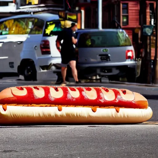 Image similar to giant hotdog laying in the street