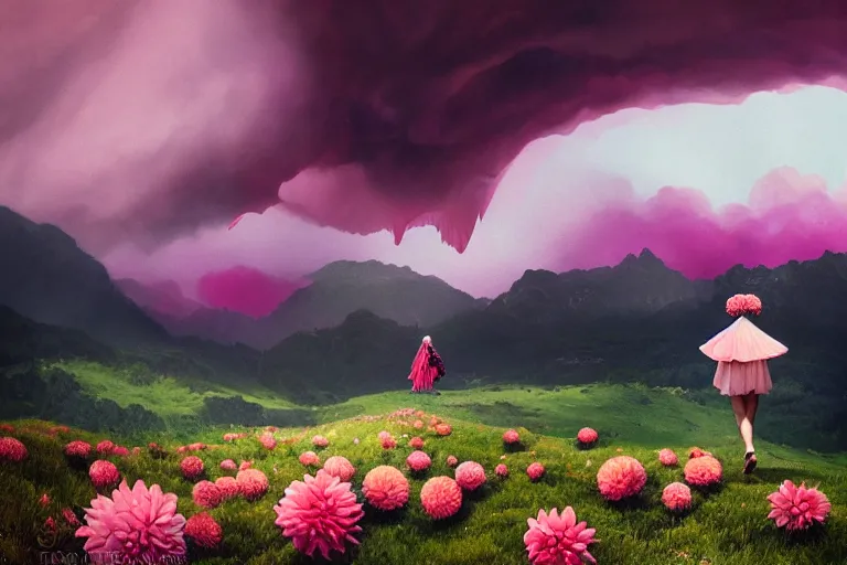 Image similar to giant dahlia flower crown as head girl walking on mountain, surreal photography, pink storm clouds, dramatic light, impressionist painting, digital painting, artstation, simon stalenhag